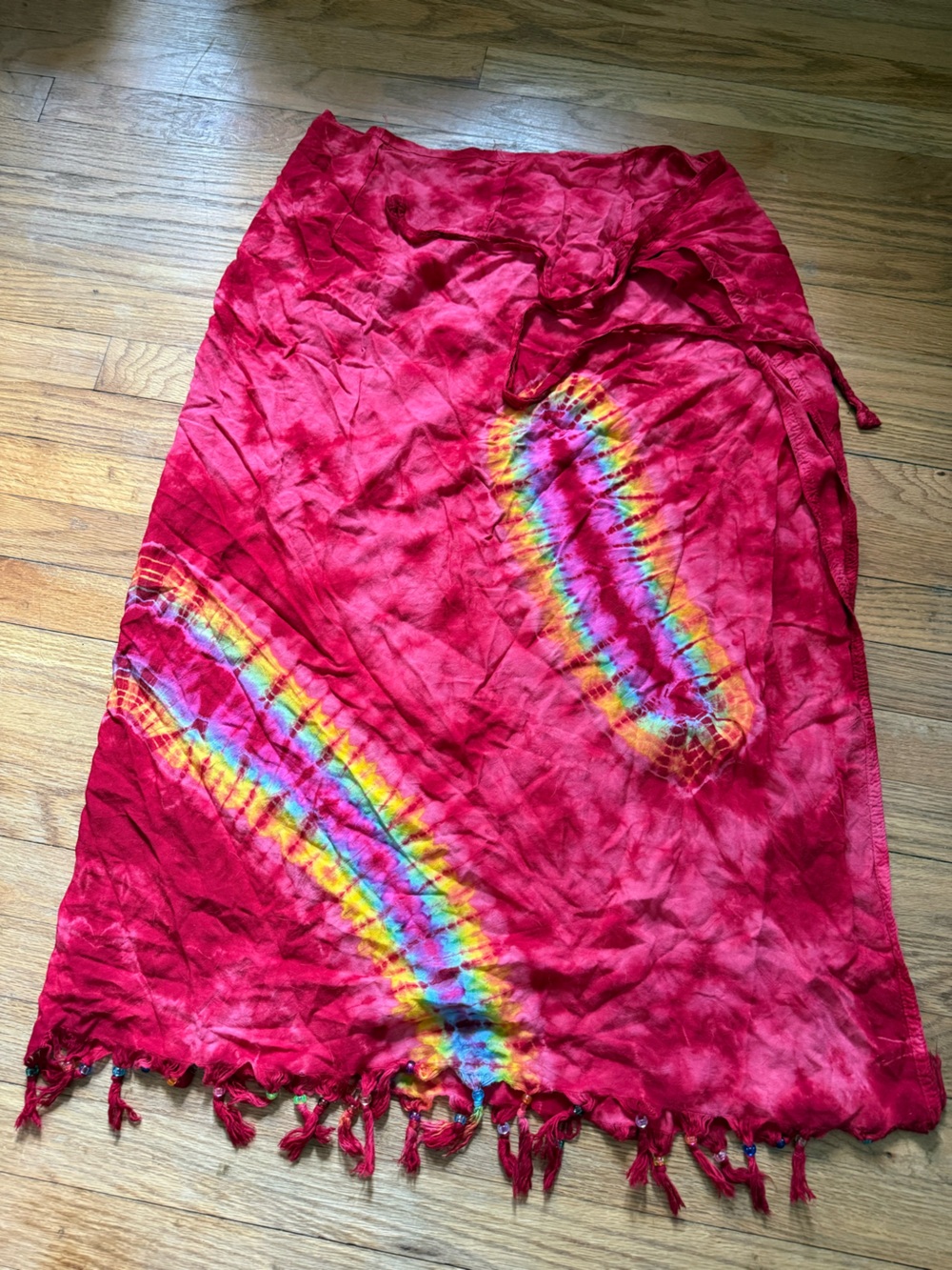 Vintage Red Tie-Dye Sarong with Rainbow Stripes
